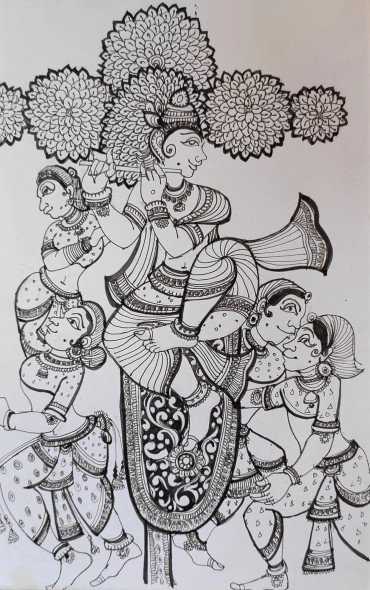 Krishna Lila (ART-7901-116732) - Handpainted Art Painting - 8in X 11in