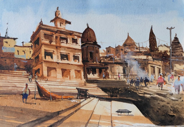 Banaras Ghat Series (ART-7901-116659) - Handpainted Art Painting - 10in X 8in