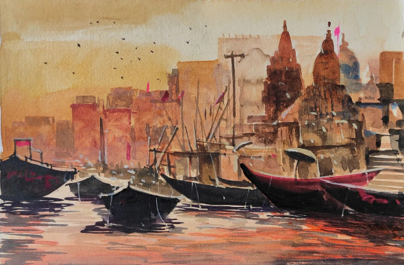 Banaras Ghat Series (ART-7901-116660) - Handpainted Art Painting - 10in X 8in