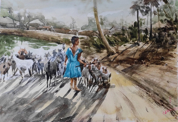 The Village Girl (ART-7901-116636) - Handpainted Art Painting - 16in X 12in