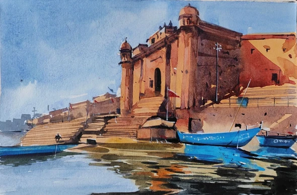 Banaras Ghat Series (ART-7901-116662) - Handpainted Art Painting - 10in X 8in