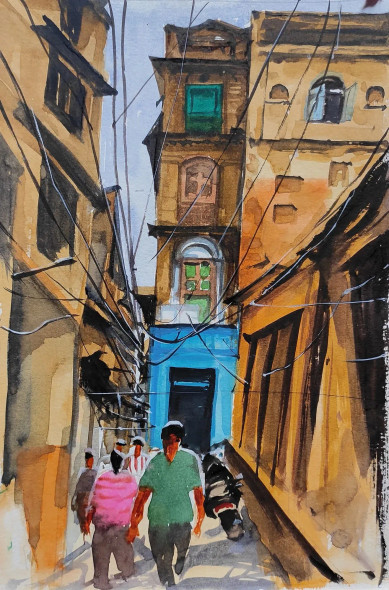 Narrow Lane (ART-7901-116666) - Handpainted Art Painting - 8in X 10in