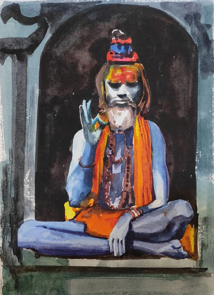 Sadhu (ART-7901-116658) - Handpainted Art Painting - 8in X 10in