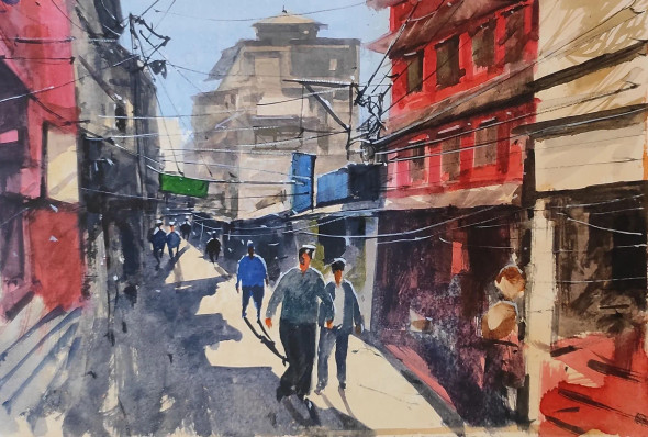 Red Building (ART-7901-116657) - Handpainted Art Painting - 10in X 8in