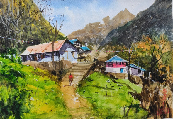 Green Landscape (ART-7901-116618) - Handpainted Art Painting - 16in X 12in
