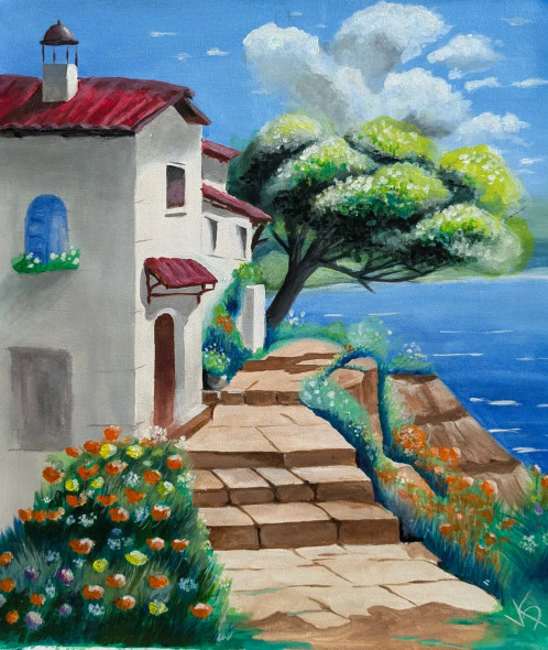Blue Sea And Flowers (ART-16877-116537) - Handpainted Art Painting - 24in X 27in