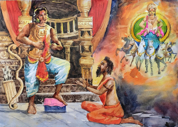 Story Of Karna (ART-7901-116626) - Handpainted Art Painting - 16in X 12in