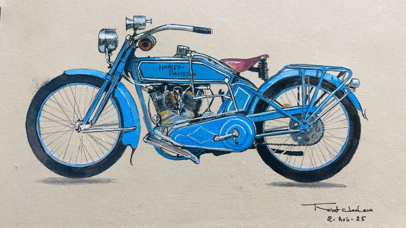 1915 Blue Harley Davidson (ART-438-116782) - Handpainted Art Painting - 11in X 8in