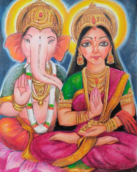 Laxmi Ganesh (ART-7901-116788) - Handpainted Art Painting - 11in X 14in