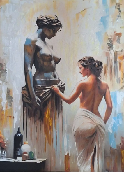 Woman, Statue, Classical, Abstract, Cloth, Sculpture, Warm Tones, Cool Tones, Art, Serene (ART-7555-116570) - Handpainted Art Painting - 18in X 24in