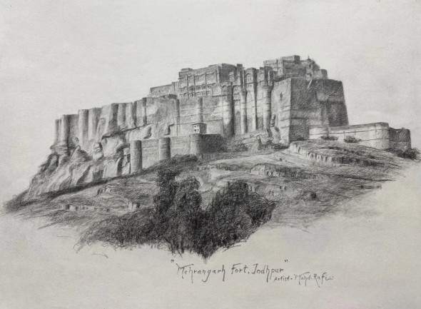 Mehrangarh Fort, Jodhpur – Realistic Graphite Pencil Drawing (ART-15644-116743) - Handpainted Art Painting - 16in X 12in