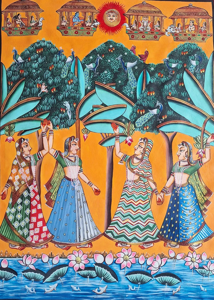 Handpainted Pichwai Painting: Gopikas Art On Canvas (ART-7555-116563) - Handpainted Art Painting - 36in X 48in