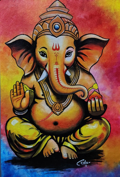 Ganpat Bappa Original Acrylic Painting – Spiritual Art  - Divine Blessings Of Lord Ganesh (ART-17834-116803) - Handpainted Art Painting - 9in X 14in