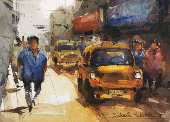 Kolkata Yellow Taxi (ART-8170-116901) - Handpainted Art Painting - 11in X 15in