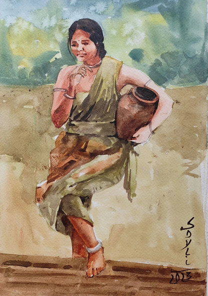 The Village Girl (ART-7901-116878) - Handpainted Art Painting - 8in X 12in