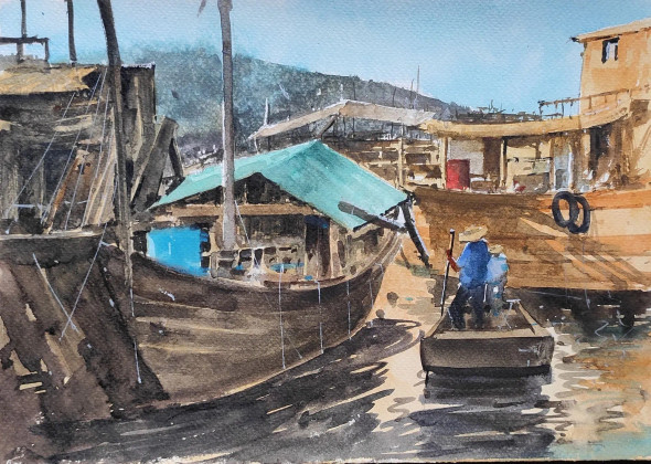 Boat (ART-7901-116886) - Handpainted Art Painting - 12in X 8in