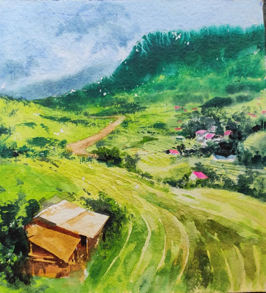 Green Mountain (ART-7901-116859) - Handpainted Art Painting - 10in X 11in