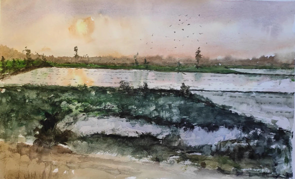 Sunset (ART-7901-116919) - Handpainted Art Painting - 22in X 14in