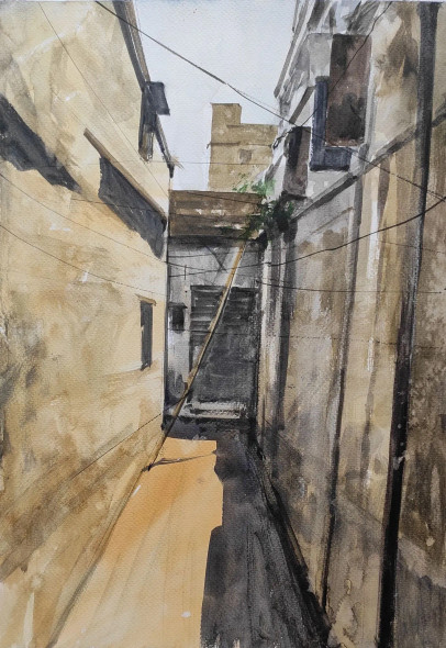 Narrow Lane (ART-7901-116631) - Handpainted Art Painting - 12in X 16in