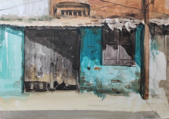 The Black Door (ART-7901-116613) - Handpainted Art Painting - 16in X 12in