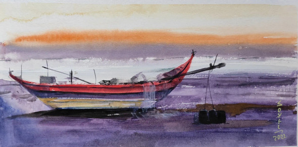 Boat (ART-7901-116844) - Handpainted Art Painting - 14in X 8in