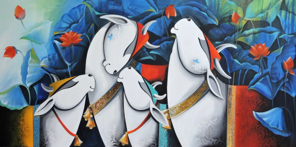 Happy Family (ART-8184-116586) - Handpainted Art Painting - 72in X 36in
