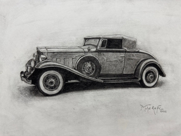 Vintage Elegance – Classic Car Pencil Drawing (ART-15644-116746) - Handpainted Art Painting - 16in X 12in