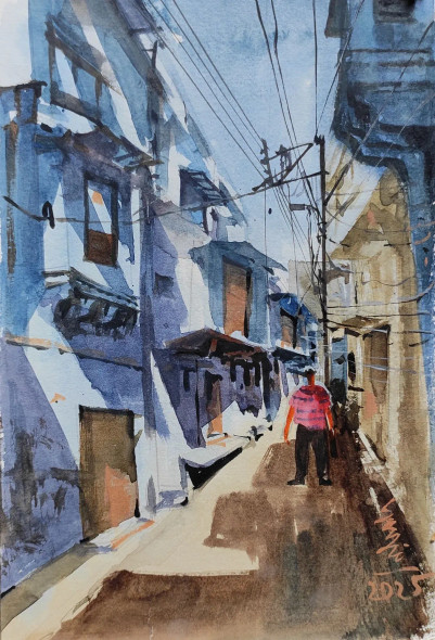 Narrow Lane (ART-7901-116667) - Handpainted Art Painting - 8in X 10in