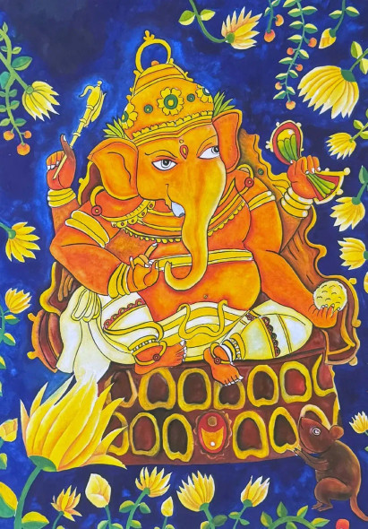 GANESHA (ART-1315-116529) - Handpainted Art Painting - 22in X 30in