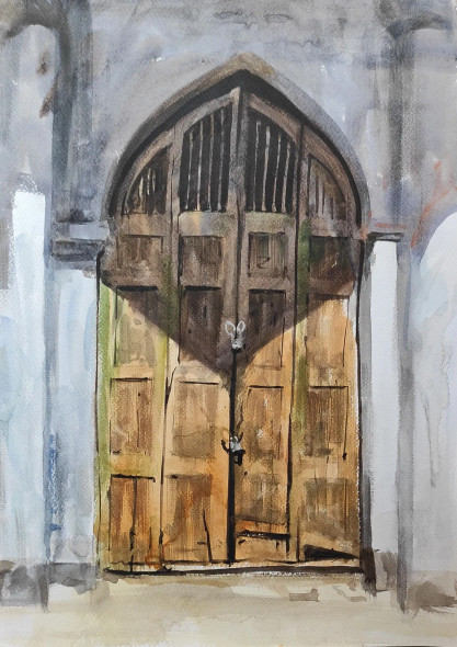 Old Door (ART-7901-116614) - Handpainted Art Painting - 12in X 18in