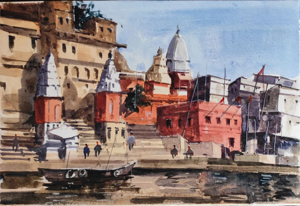 Banaras Ghat Series (ART-7901-116723) - Handpainted Art Painting - 10in X 8in