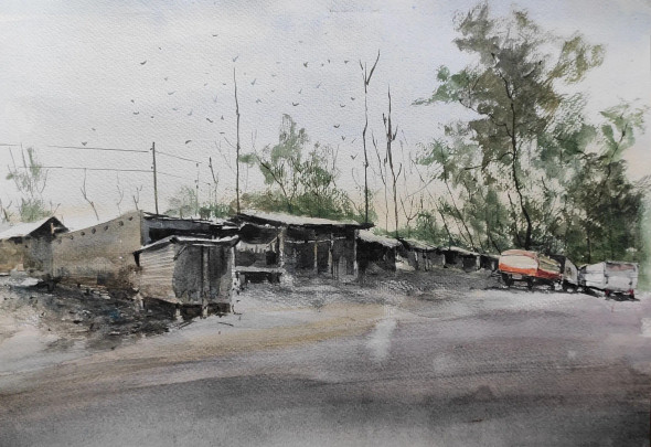 Highway (ART-7901-116638) - Handpainted Art Painting - 16in X 12in