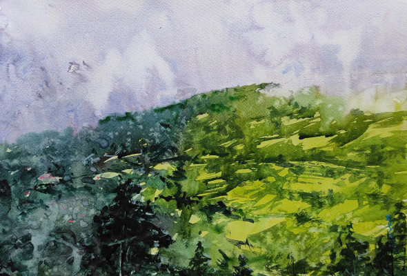 Green Landscape (ART-7901-116639) - Handpainted Art Painting - 16in X 12in