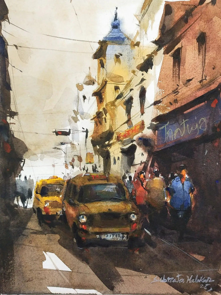 Kolkata Nostalgia (ART-8170-116900) - Handpainted Art Painting - 11in X 15in