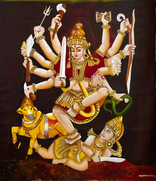 Mahishasur Mardini (ART-8370-116902) - Handpainted Art Painting - 42in X 46in