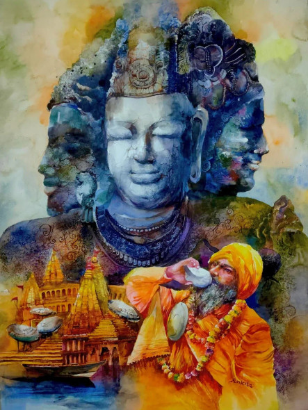 TRIDEV (BRAMHA_BISHNU_MAHESWARA) (ART-8538-116818) - Handpainted Art Painting - 29in X 40in