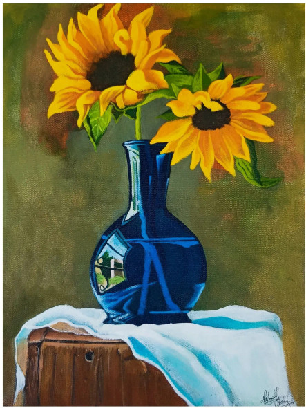 Sunflowers In Blue Vase (ART-17843-116906) - Handpainted Art Painting - 12in X 16in