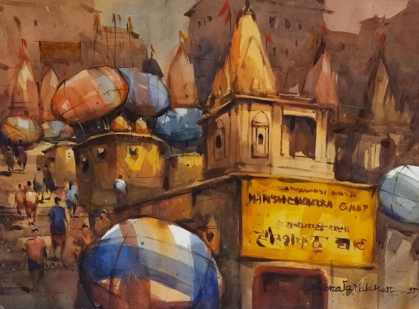 Banaras Ghat (ART-8170-117060) - Handpainted Art Painting - 30in X 22in