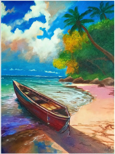 Seascape With Boat (ART-17843-116908) - Handpainted Art Painting - 12in X 16in