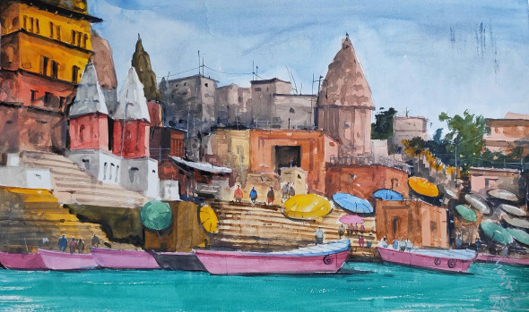 Benaras Ghat Series (ART-7901-116953) - Handpainted Art Painting - 22in X 14in