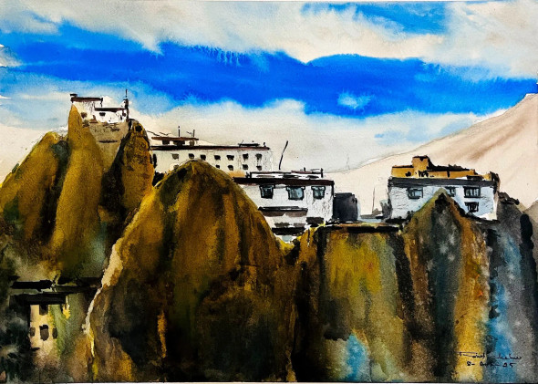 LAMAYARU LADAKH (ART-438-116811) - Handpainted Art Painting - 14in X 11in