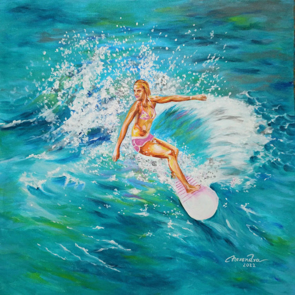 Surfing Girl – Ocean Waves Acrylic Painting On Canvas (ART-3674-117051) - Handpainted Art Painting - 24in X 24in