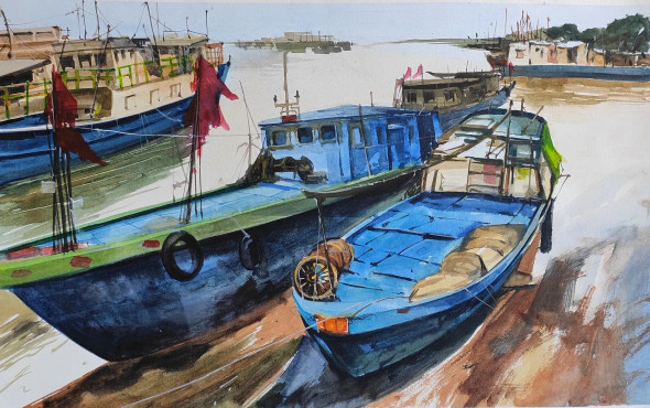 Blue Boat (ART-7901-116954) - Handpainted Art Painting - 22in X 14in