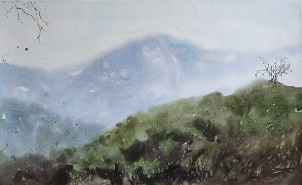 Foggy Morning Mountain (ART-7901-116962) - Handpainted Art Painting - 22in X 14in