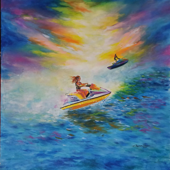 Sky Riders – Ocean Adventure Acrylic Painting On Canvas (ART-3674-117053) - Handpainted Art Painting - 24in X 24in