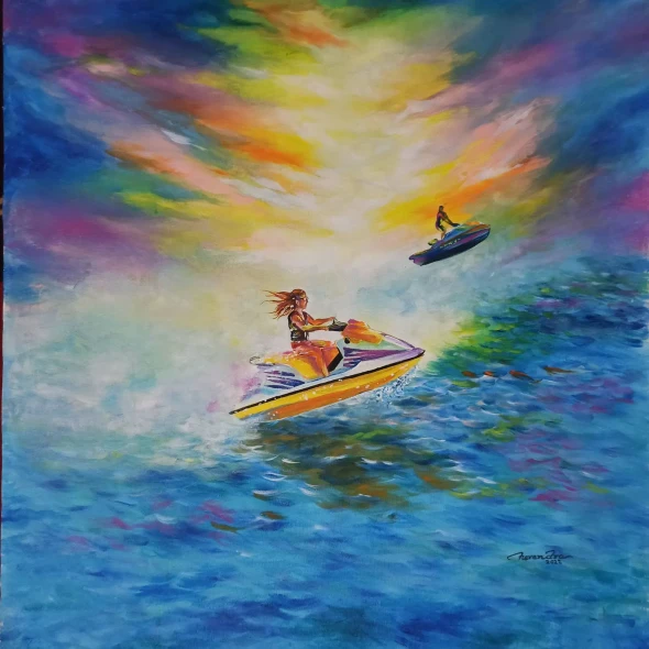 Sky Riders – Ocean Adventure Acrylic Painting On Canvas (ART-3674-117053) - Handpainted Art Painting - 24in X 24in