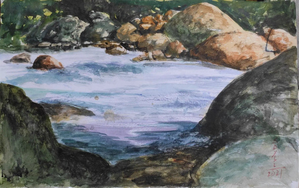 Waterfall River (ART-7901-116970) - Handpainted Art Painting - 22in X 14in