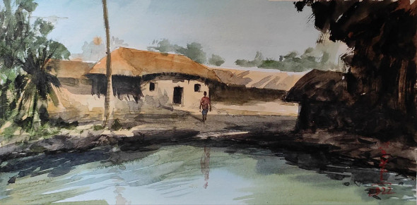 Village Series (ART-7901-116842) - Handpainted Art Painting - 14in X 8in