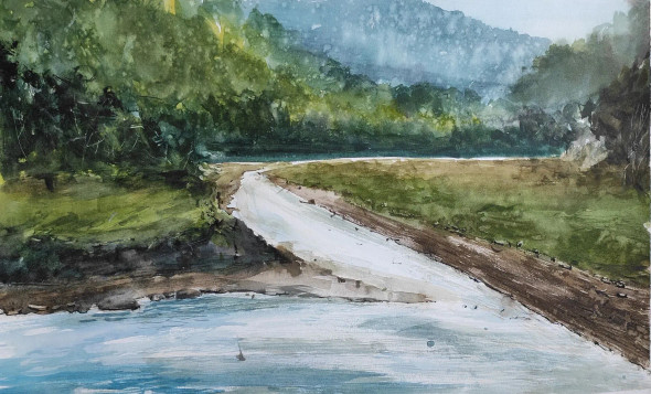 Mountain River (ART-7901-116949) - Handpainted Art Painting - 22in X 14in