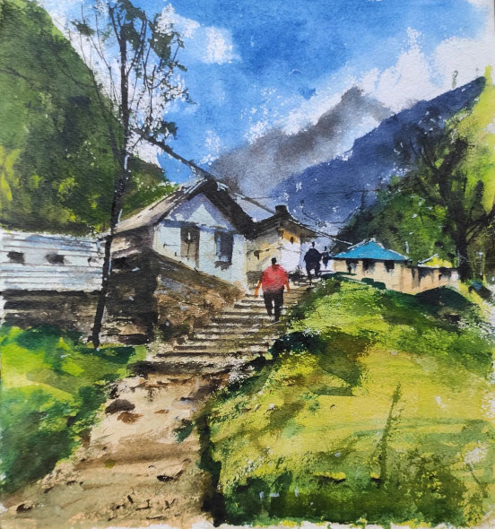Mountain View (ART-7901-116862) - Handpainted Art Painting - 10in X 11in